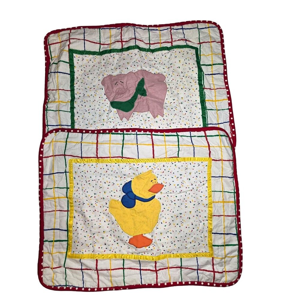 Vintage Pillow Sham Set With Applique Bear & Duck Multicolored Cotton Barnyard
